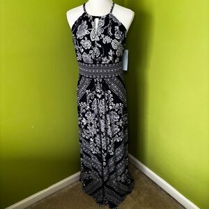 London Times Navy and White Halter Maxi Dress
